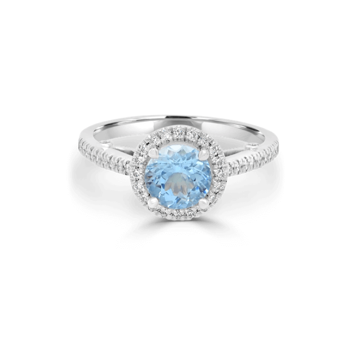 Round Aquamarine & Diamond Halo Ring