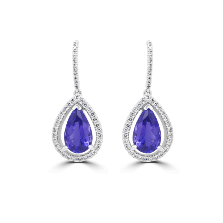 Pear Tanzanite & Diamond Halo Drop Earrings- Tanzanite Jewellery