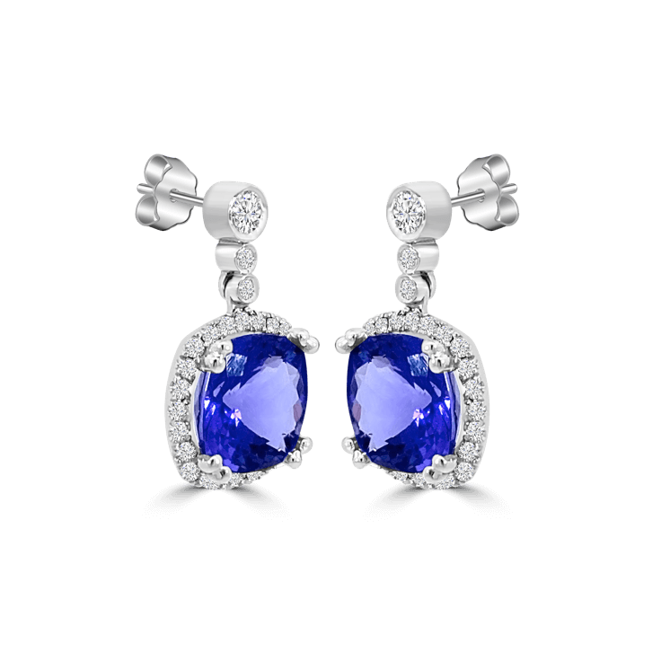 Cushion Tanzanite Diamond Halo Dangle Earrings-Tanzanite Jewellery