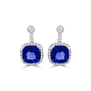 Cushion Tanzanite Diamond Halo Dangle Earrings-Tanzanite Jewellery