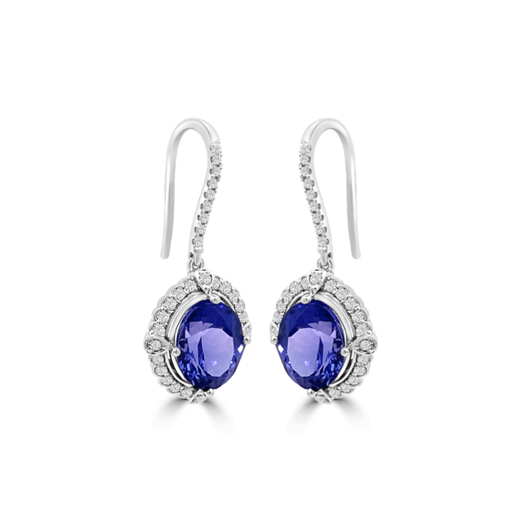 Oval Tanzanite Diamond Halo Antique Earrings - Tanzanite Jewellery