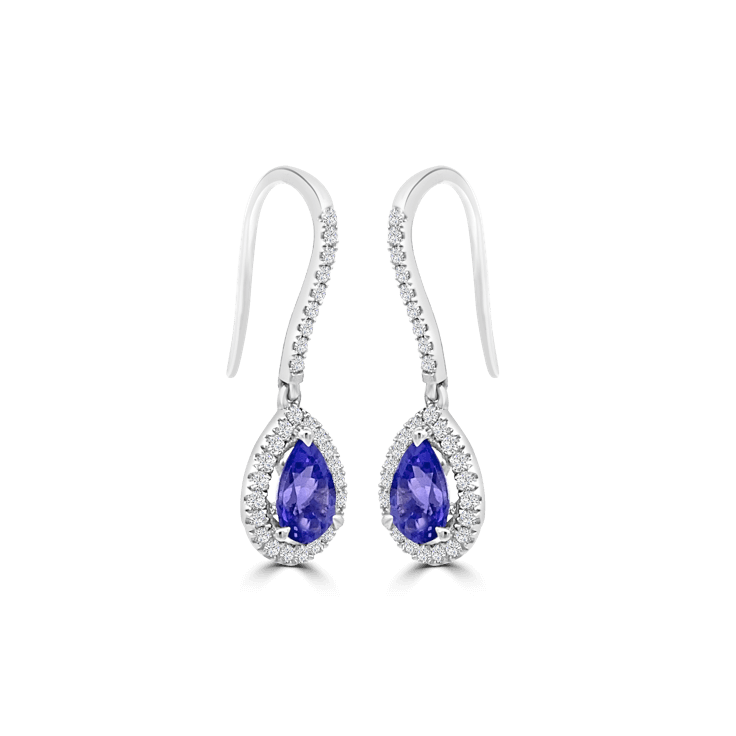 Pear Tanzanite Diamond Halo Dangle Earrings - Tanzanite Jewellery